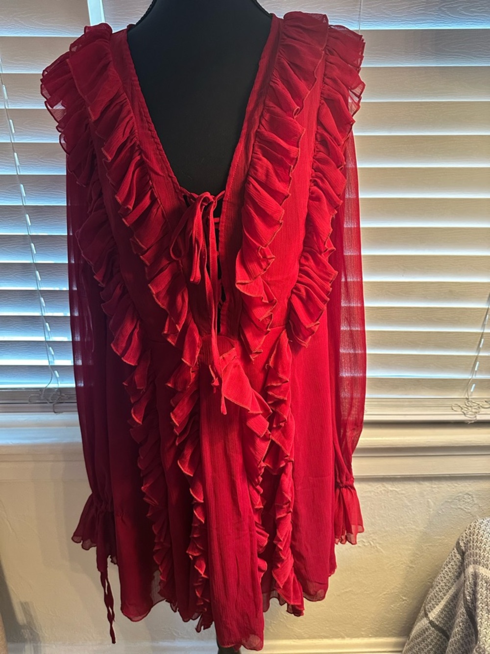 Red Ruffled V-Neck Chiffon Blouse
